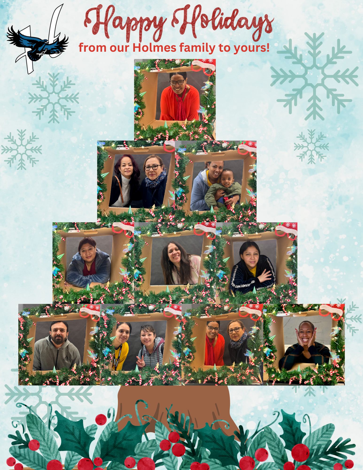 Pictures of Holmes family members in boxes arranged into an evergreen tree. Happy Holidays from our Holmes family to yours written on top.