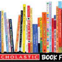 Text reading "Scholastic Book Fair" appears beneath a bookshelf with books.